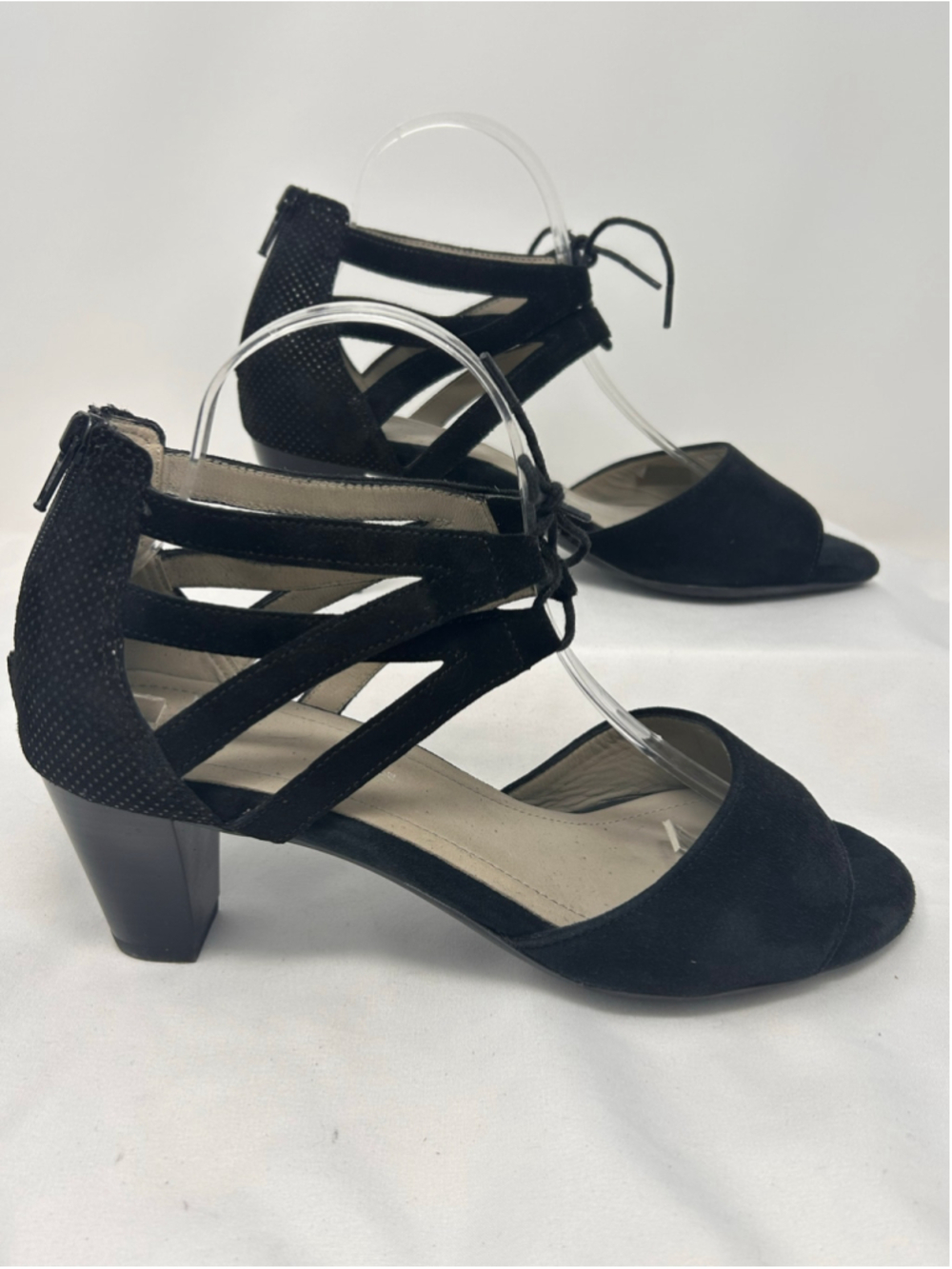 Ara Racquel Black Suede Caged Peep Toe Dress Sandals Size 7.5